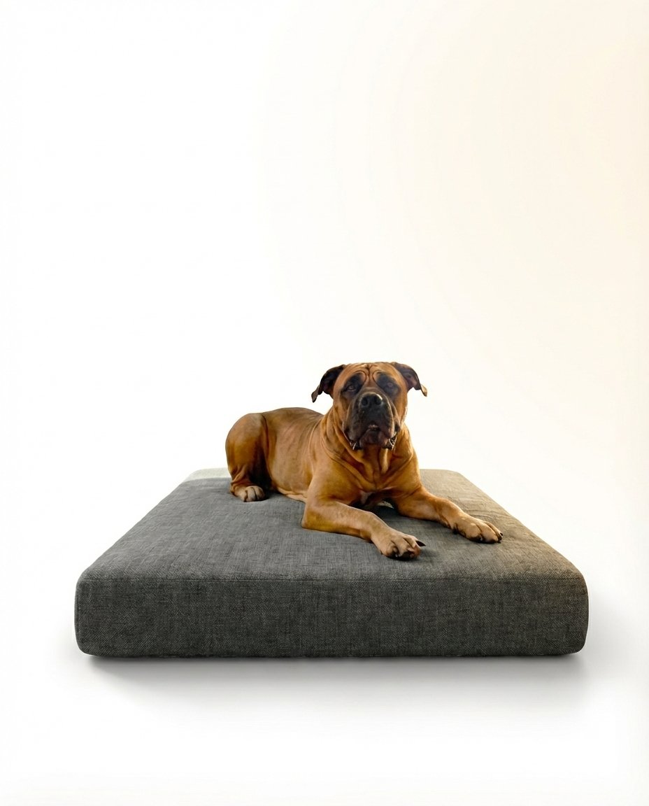 mastiff sitting on memory foam dog bed with removable cover