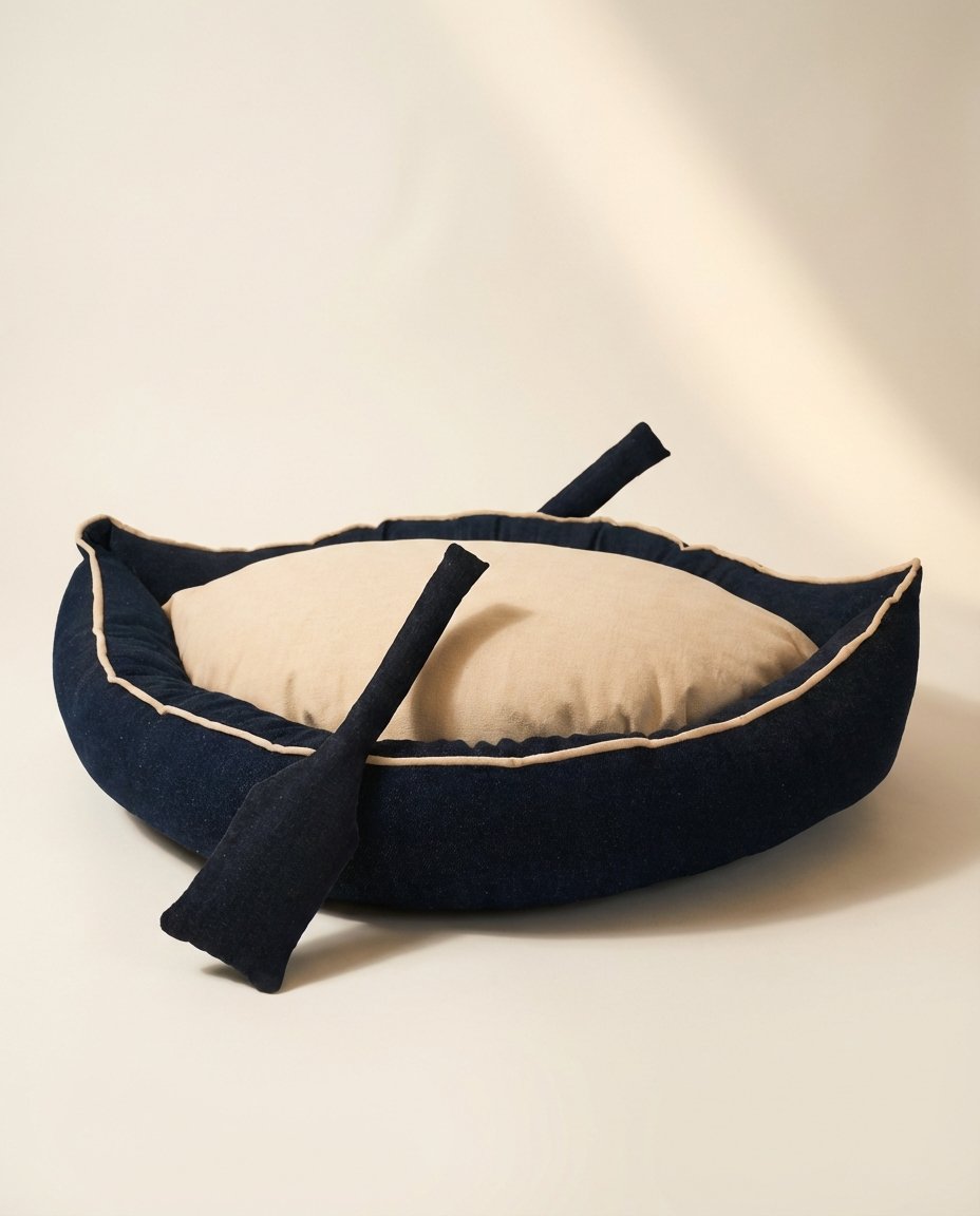 boat dog bed with matching denim paddle toys included