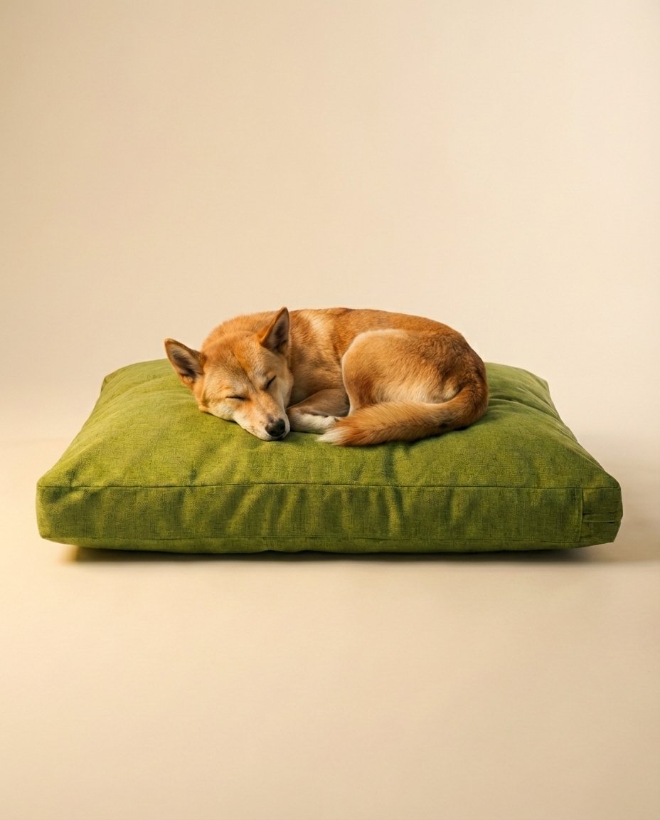 medium dog resting on chew resistant dog bed