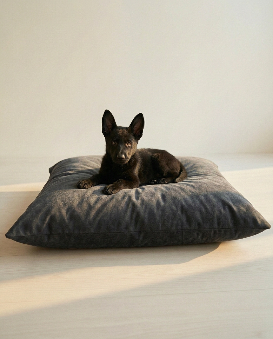Black german shepherd sitting on a waterproof dog bed