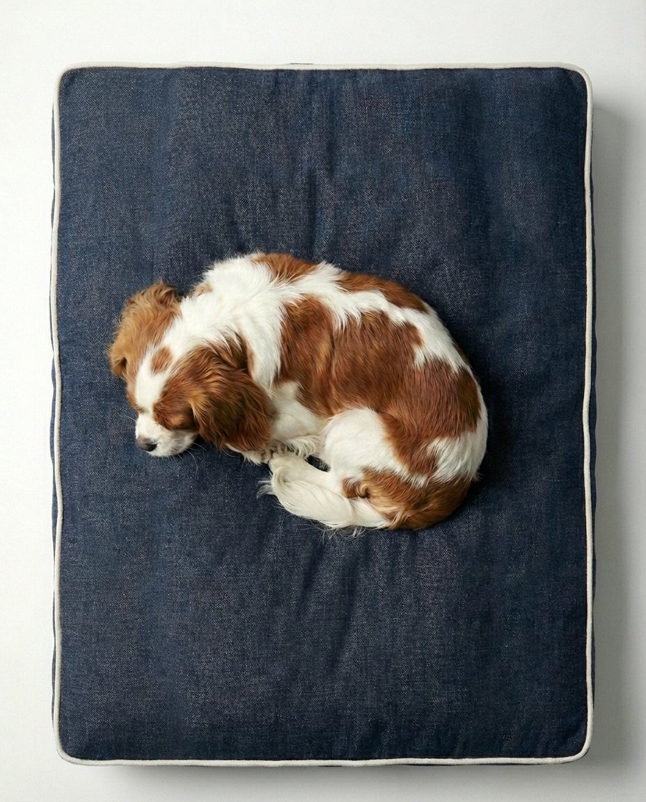 naughty dog sleeping on denim chewproof dog bed