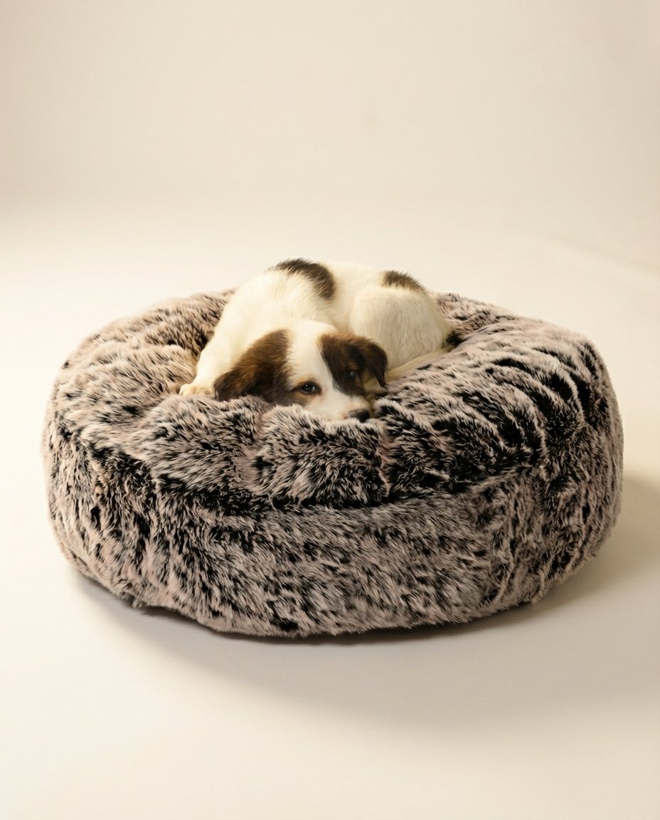 dog curled up in round fur dog bed with thick plush fur