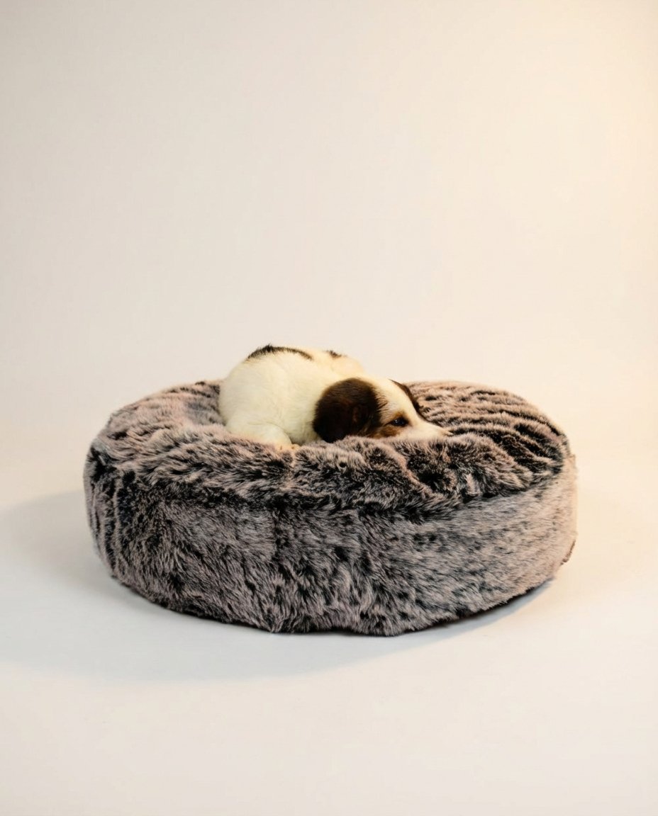 small puppy sleeping in round fur dog bed cloud design