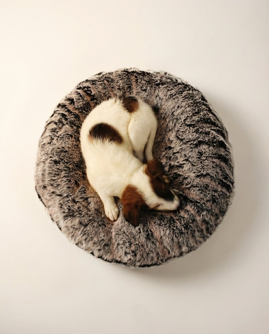 dog curled up in round fur dog bed with thick plush fur