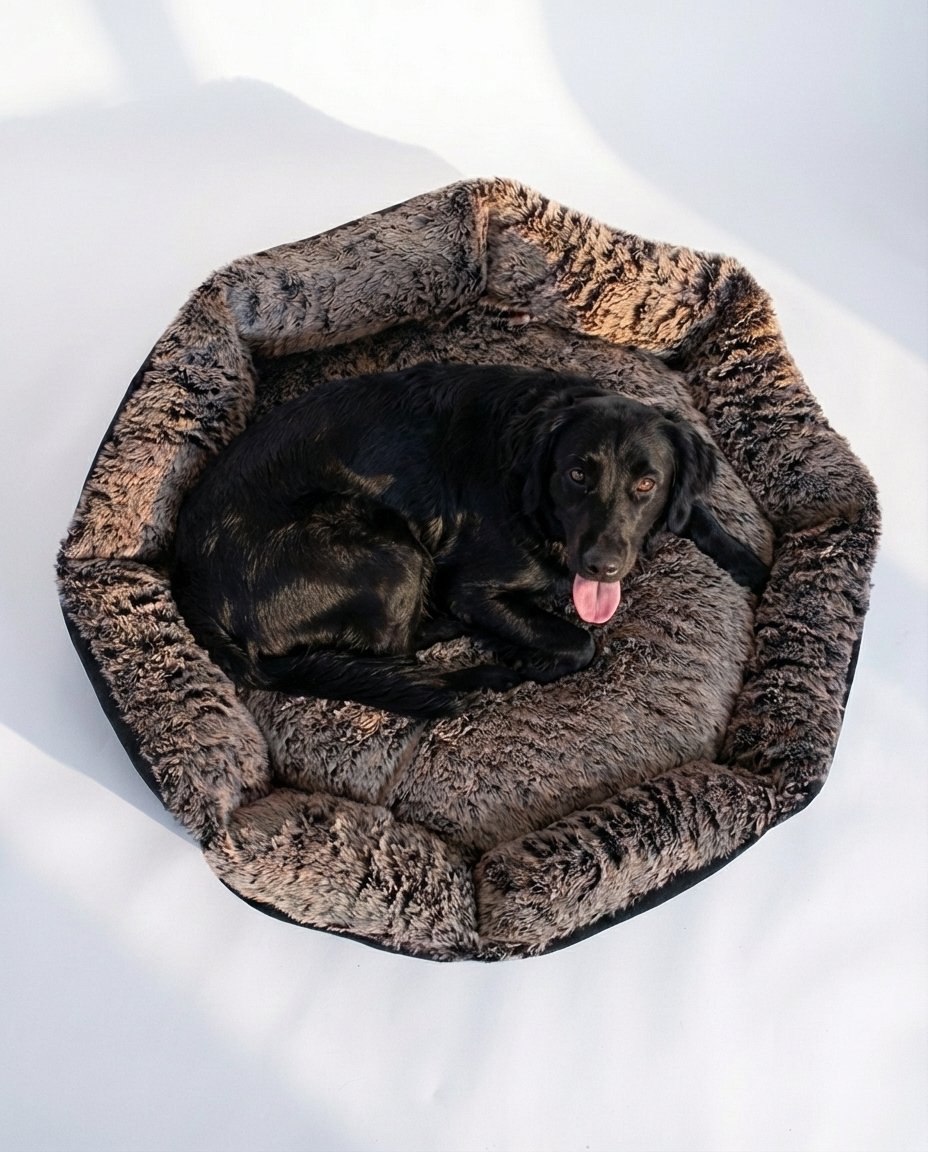 Fur Bolster Dog Bed with black dog sitting on it