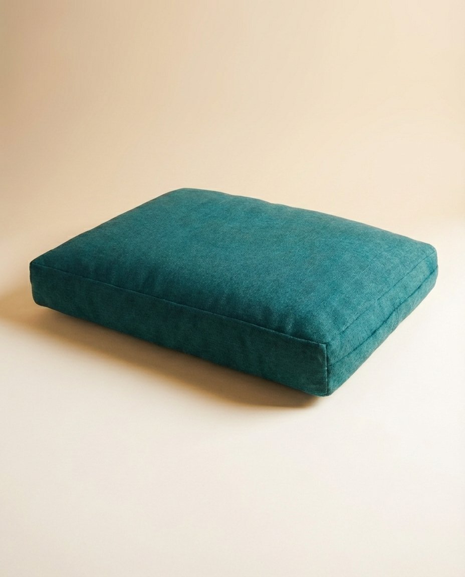 jute dog bed cover in vibrant blue and red colors