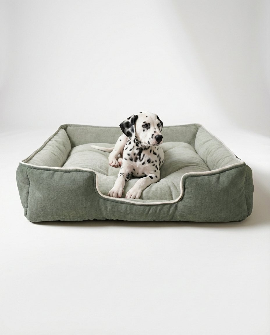 puppy resting in XS lounger dog bed with dual color design grey