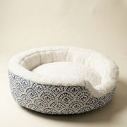 sherpa bolster dog bed with royal blue handblock print canvas and white sherpa