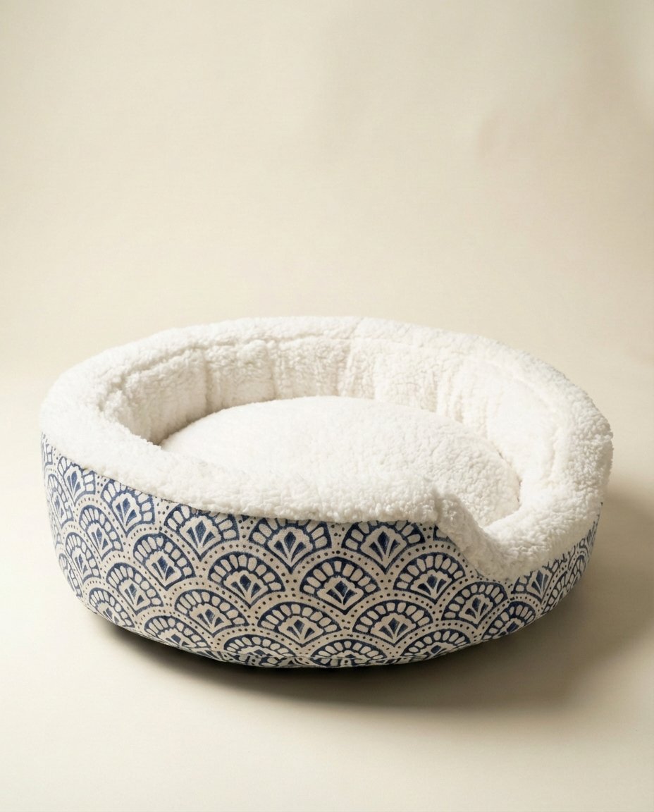 sherpa bolster dog bed with royal blue handblock print canvas and white sherpa