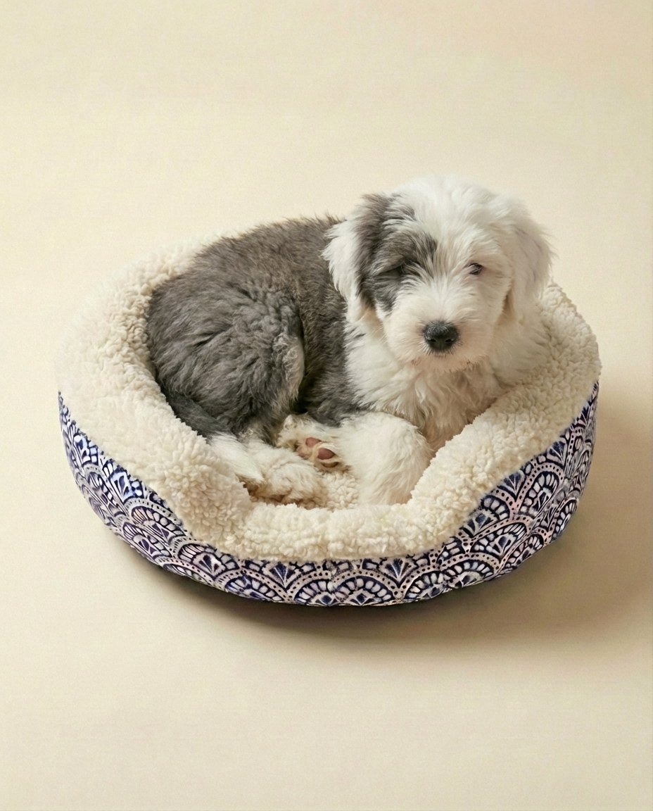 puppy resting in XS sherpa bolster dog bed with removable pillow