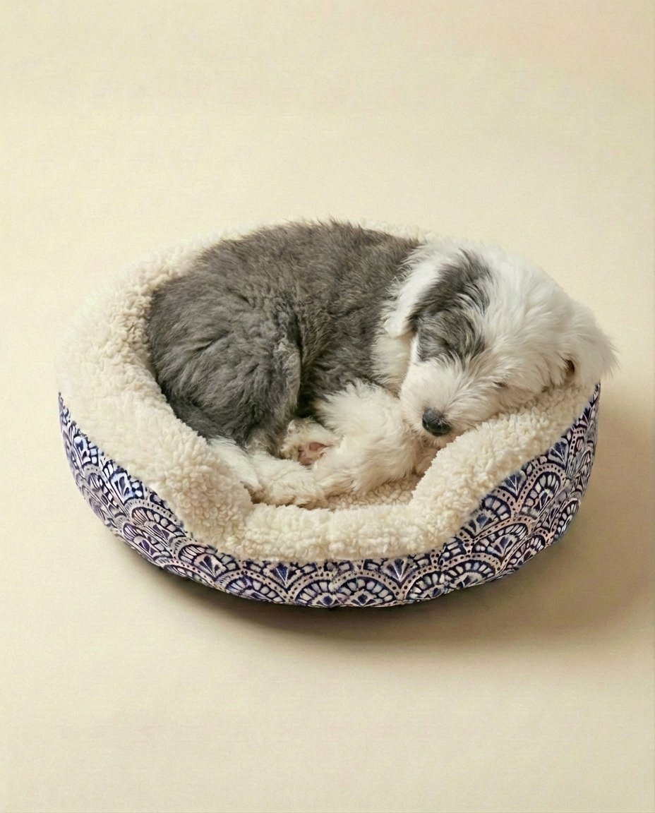 small dog curled up in sherpa bolster dog bed with artisan print