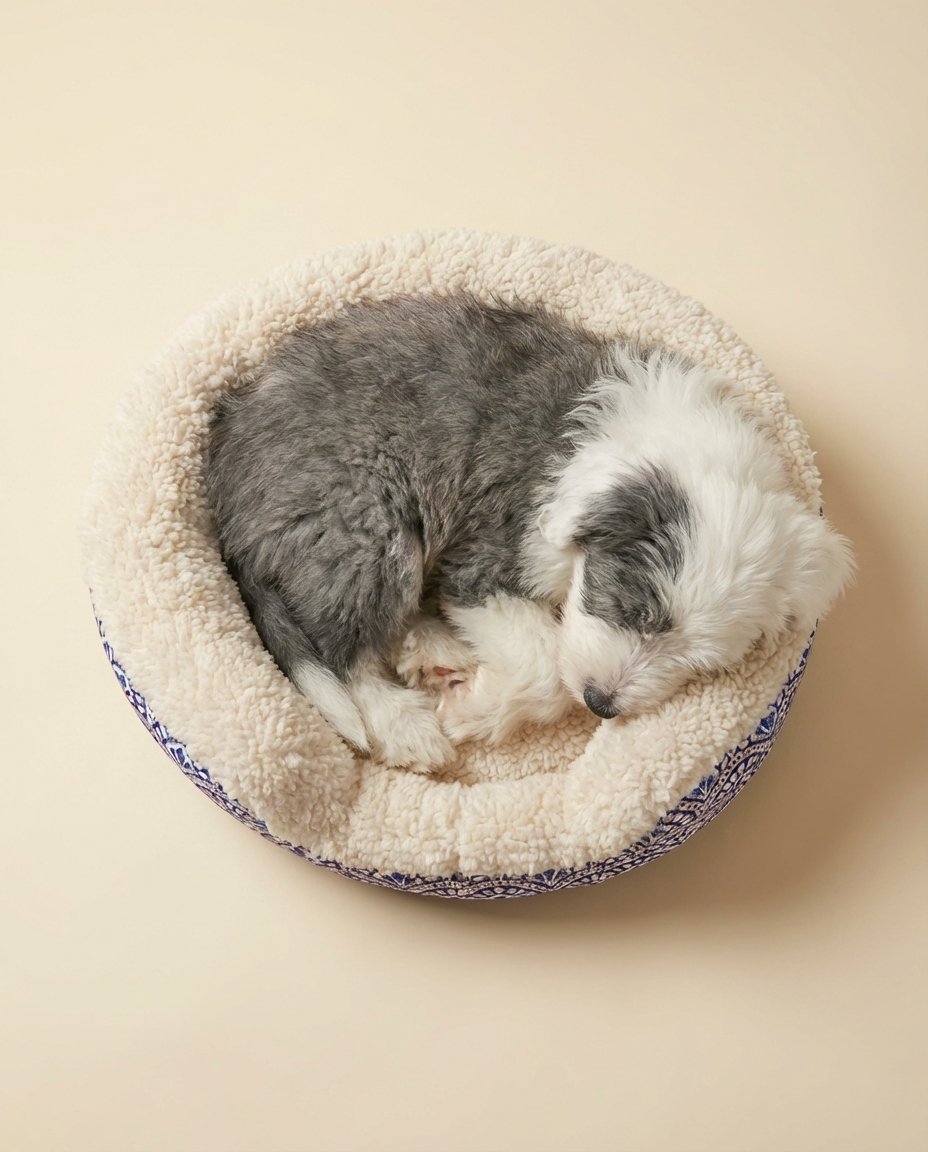 puppy resting in XS sherpa bolster dog bed with removable pillow