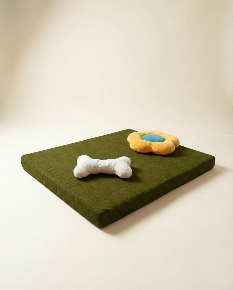 chew toys on orthopedic dog bed
