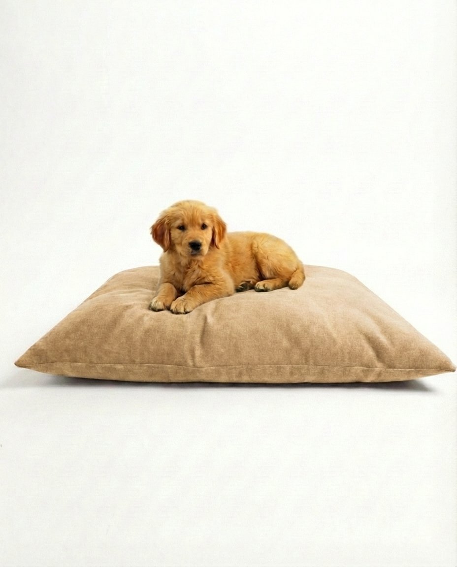 puppy sitting on a waterproof dog bed