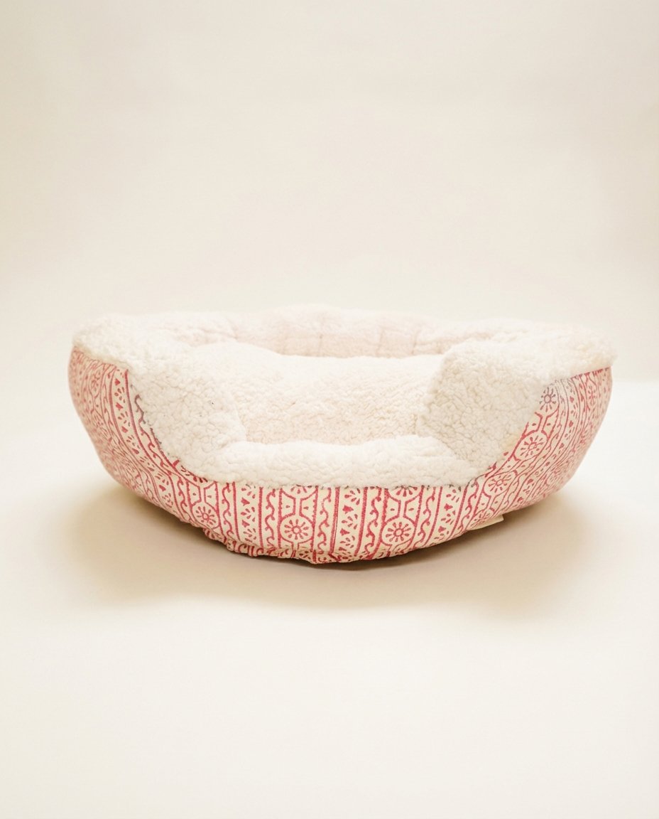 block print dog bed with artisan pink print