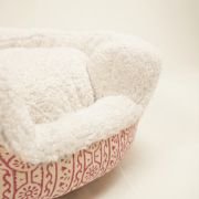 block print dog bed with pink handblock print canvas and white sherpa