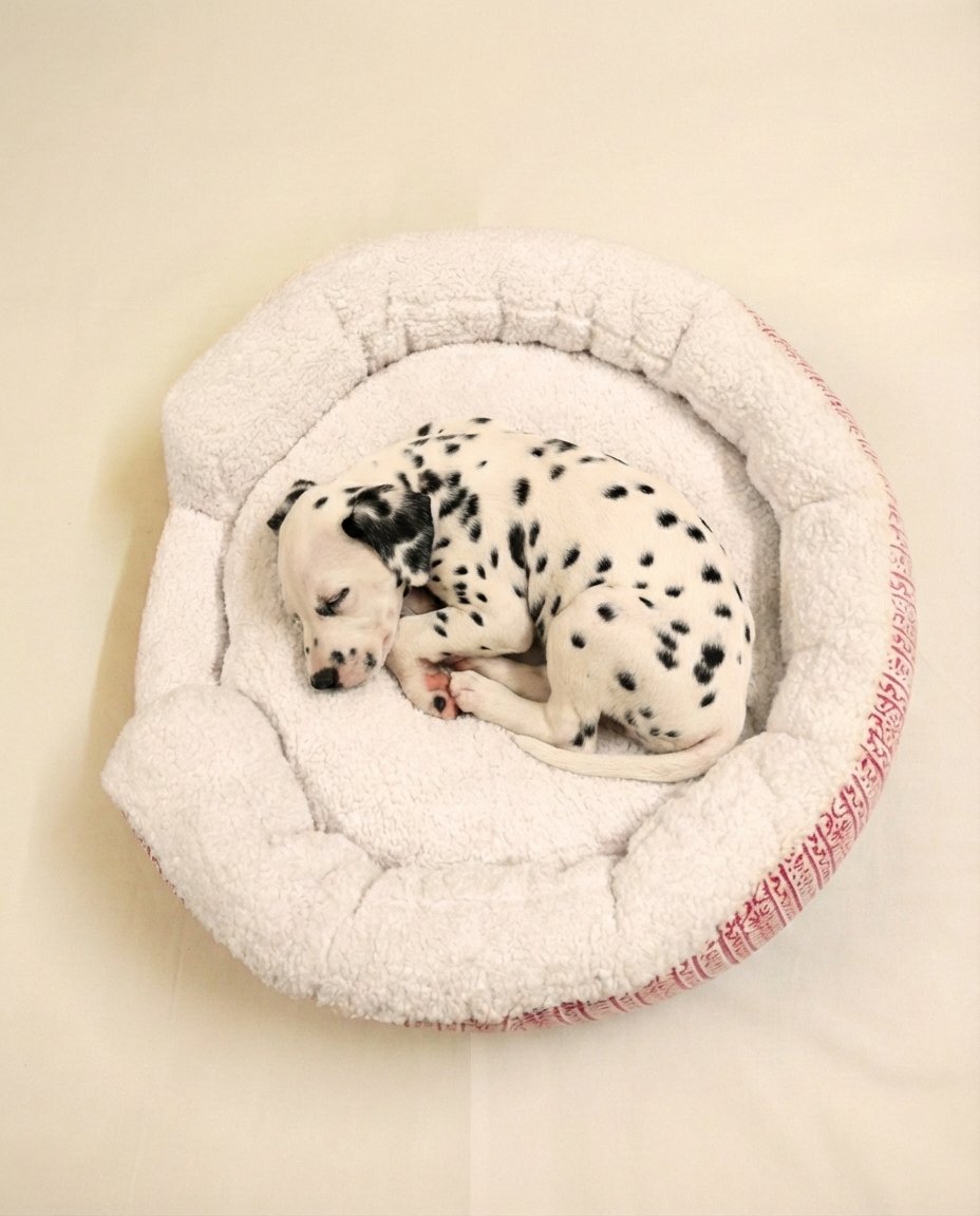 puppy resting in XS block print dog bed with removable pillow