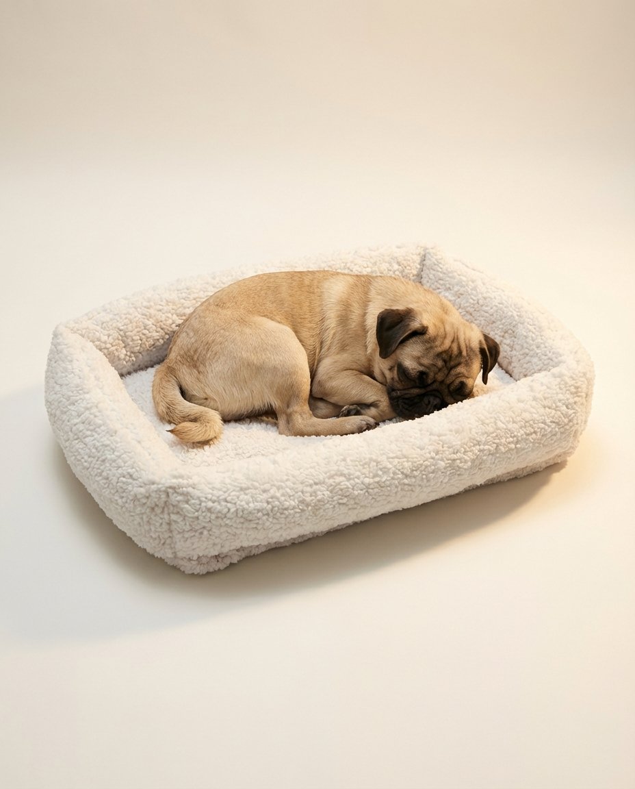 dog resting on small crate mat