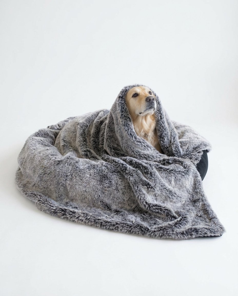 dog wrapped in cozy fur blanket like a burrito